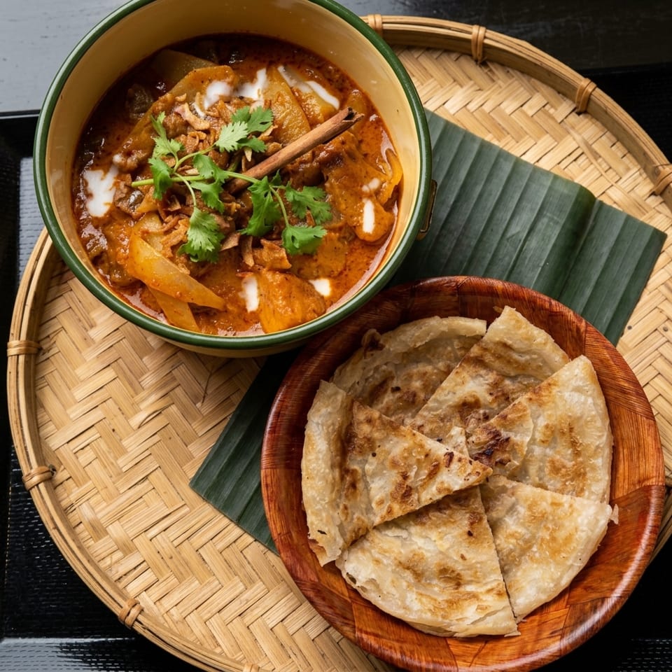 Massaman curry with coconut milk, cilantro, and cinnamon stick, served with roti on a bamboo tray.