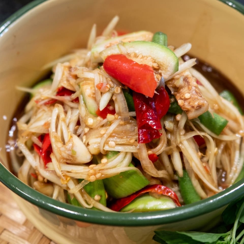 Close-up of a vibrant Thai papaya salad with red chilies, green beans, and eggplant.