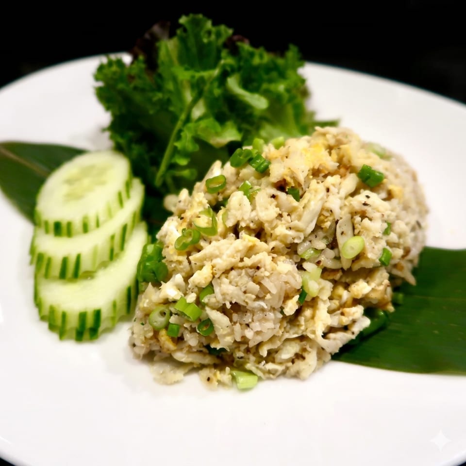 Crab fried rice with scrambled egg, green onions, lettuce, and cucumber slices on a white plate.